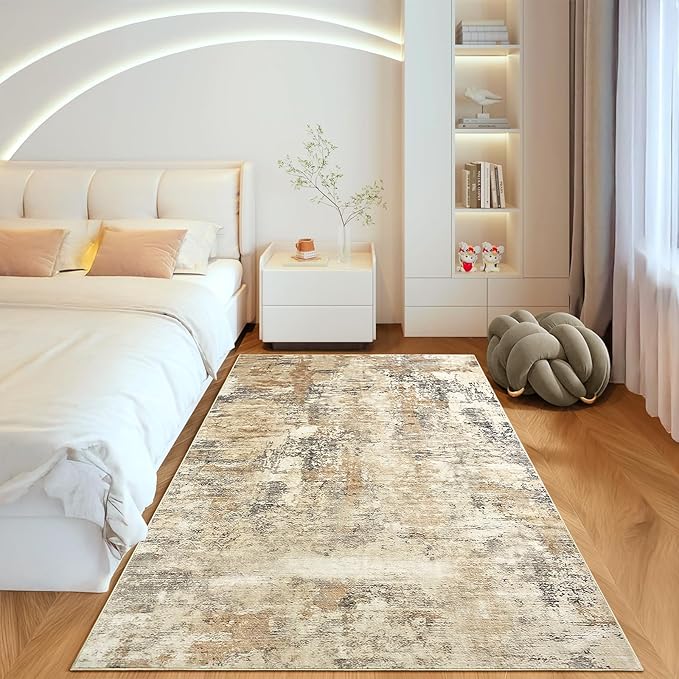 CRYPTOLITE Abstract Area Rug Washable Rug with Non-Slip Backing Low Pile Area Rugs for Living Room, Bedroom, Dining Room,4x6, Khaki