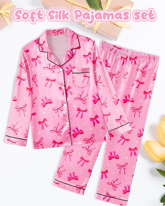 Girls Pajamas Silk PJS Set Satin Sleepwear Long Sleeve Jammies for Kids Button-Down Nightwear Loungewear 3-16 Years