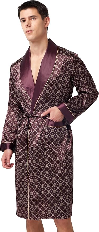 Tony & Candice Men's Satin Robe Lightweight Long Sleeve Silk Kimono Bathrobe with Shorts Set Sleepwear