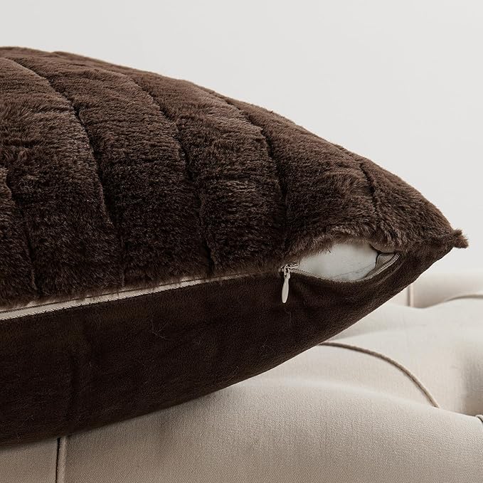 Striped Throw Blanket and Pillow Covers Set (No Inserts) for Couch and Bed, Plush Warm Lightweight Fuzzy Faux Fur Blanket for All Seasons (50" x 60", Coffee Brown)