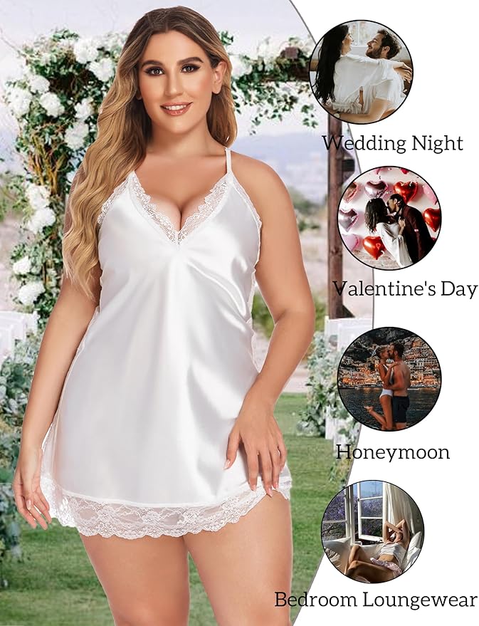 Avidlove Women Lingerie Plus Size Satin Lace Chemise Nightgown Sexy Full Slips Sleepwear L-4XL
