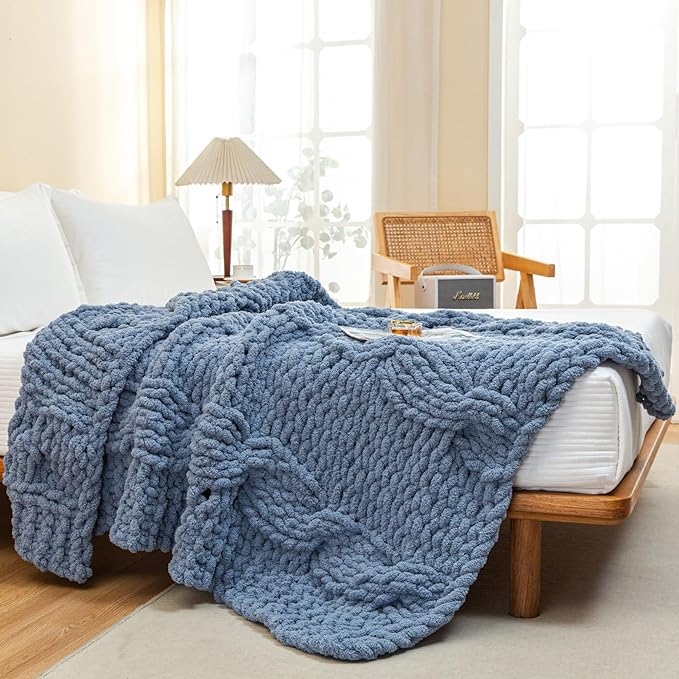 WESHIONGOO Chunky Knit Blanket Throw 50"×60" Knitted Throw Blankets for Couch Bed Fluffy Soft Blanket with Jumbo Chenille Yarn Thick 100% Handmade (Dusty Blue)