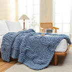 WESHIONGOO Chunky Knit Blanket Throw 50"×60" Knitted Throw Blankets for Couch Bed Fluffy Soft Blanket with Jumbo Chenille Yarn Thick 100% Handmade (Dusty Blue)