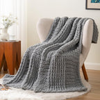 Bunnikins & Clover Chunky Knit Throw Blanket for Couch, Light Grey Throw Blanket for Home Decor, Handmade Chenille Cable Knit Throw Crochet Blanket, 50"x60"