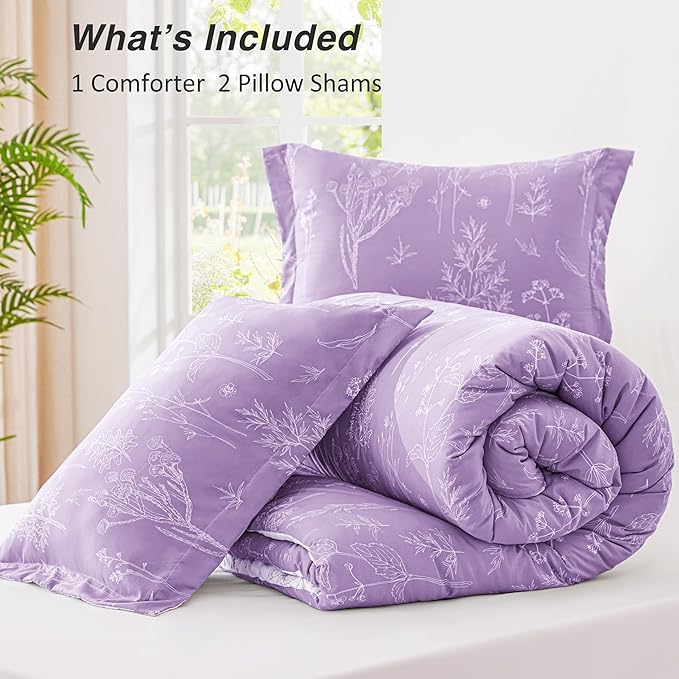Love's cabin Lavender Comforter Set Queen - Queen Size Comforter Set, 3 Pieces Cute Floral Bedding Sets for All Seasons,1 Soft Reversible Botanical Flowers Comforter and 2 Pillow Shams