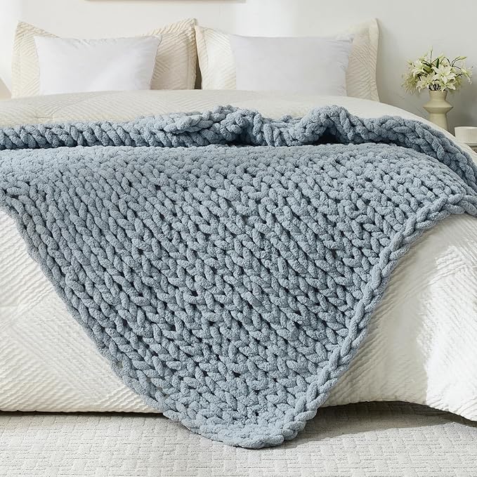 YAAPSU Chunky Knit Throw Blanket for Couch, 51"x63", 100% Hand Knitted Thick Cable Knit with Cozy Jumbo Chenille Yarn, Soft Large Rope Knot Crochet Blankets for Sofa Bed Living Room Décor, Fog Blue