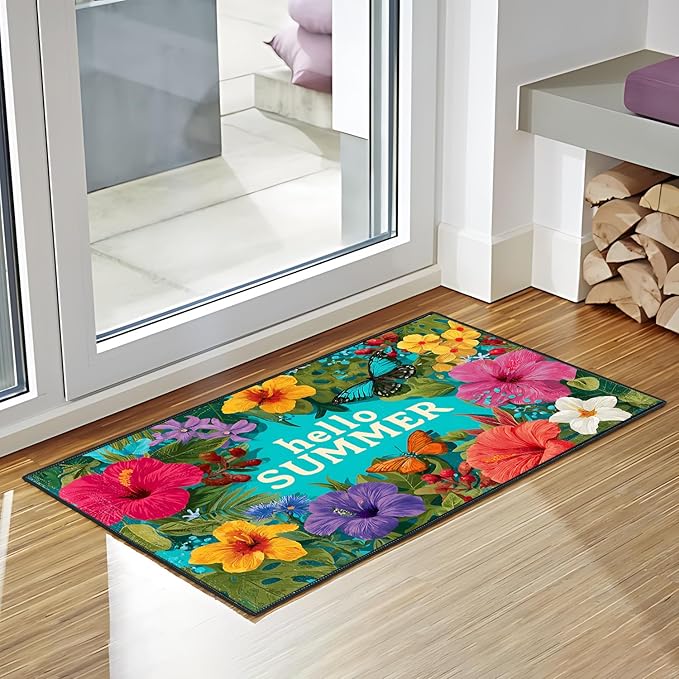 Hello Summer Area Rug 2x3 ft Entry Rug Washable Boho Rugs Non Slip Low Pile Floral Door Mat Small Carpet for Bedroom, Bedside, Kids Room, Office, Dining Room