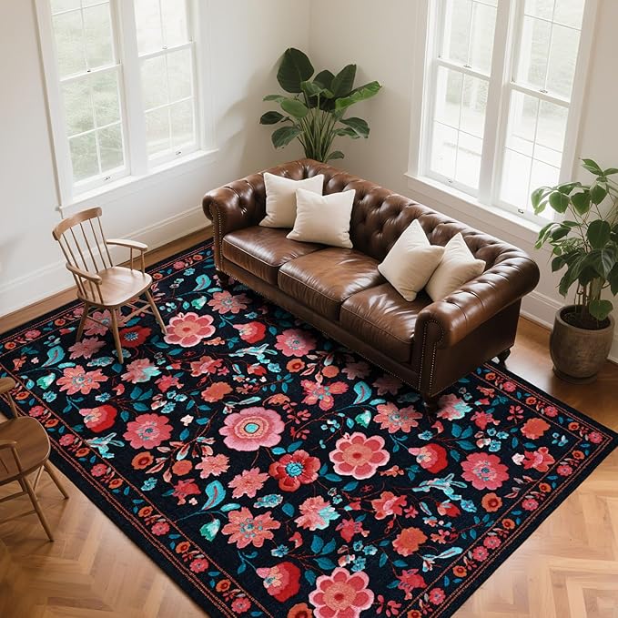 CRYPTOLITE 8x10 Area Rug for Living Room Clearance, Modern Washable Rug Non Slip Low Pile Floral Rugs for Living Room, Bedroom, Farmhouse, Dining Room, Kids Playroom, Black