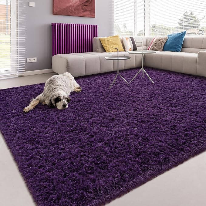 Softlife Dark Purple Area Rug for Living Room, Fluffy Shag Plush 5.3x7.6 Rugs for Bedroom Girls, Shaggy Soft Fuzzy Kids Large Carpet for Dorm Bedside Ultra Cozy Non-Slip Indoor Decor
