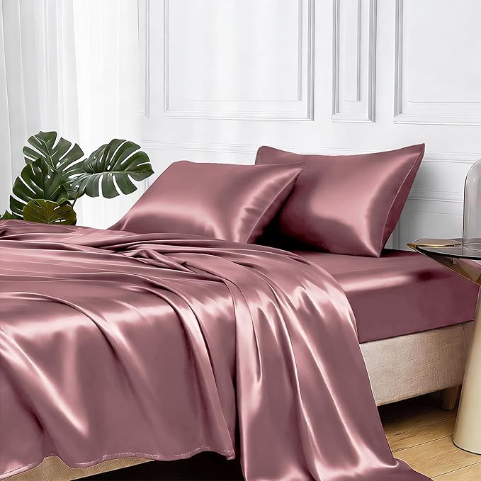 MR&HM Satin Bed Sheets, Full Size Sheets Set, 4 Pcs Silky Bedding Set with 15 Inches Deep Pocket for Mattress (Full, Rose Taupe)