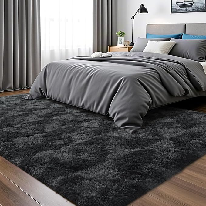 ISEAU 8x10 Area Rug for Living Room, Drak Grey Geometric Pattern Plush Rug for Bedroom, Kitchen, Soft Shaggy Carpets, Fluffy and Machine Washable Mats, Nursery Floors Mat, Boys Room Carpet Decor