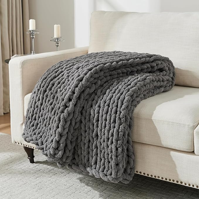 YAAPSU Chunky Knit Throw Blanket for Couch, 51"x63", 100% Hand Knitted Thick Cable Knit with Cozy Jumbo Chenille Yarn, Soft Large Rope Knot Crochet Blankets for Sofa Bed Living Room Décor, Gray