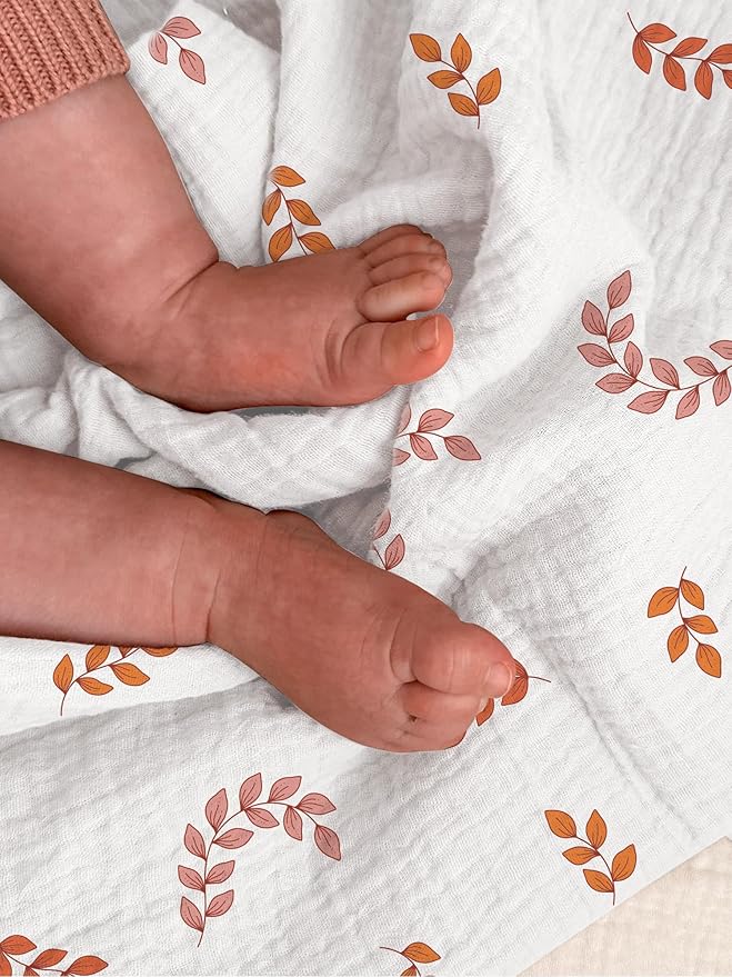 meowcards Muslin Swaddle Blankets for Baby, Unisex Baby Boys Girls Essentials, Large 47 x 47 inches, Boho Receiving Blankets Newborn Registry Must Haves (Brick Leaf, Printed)