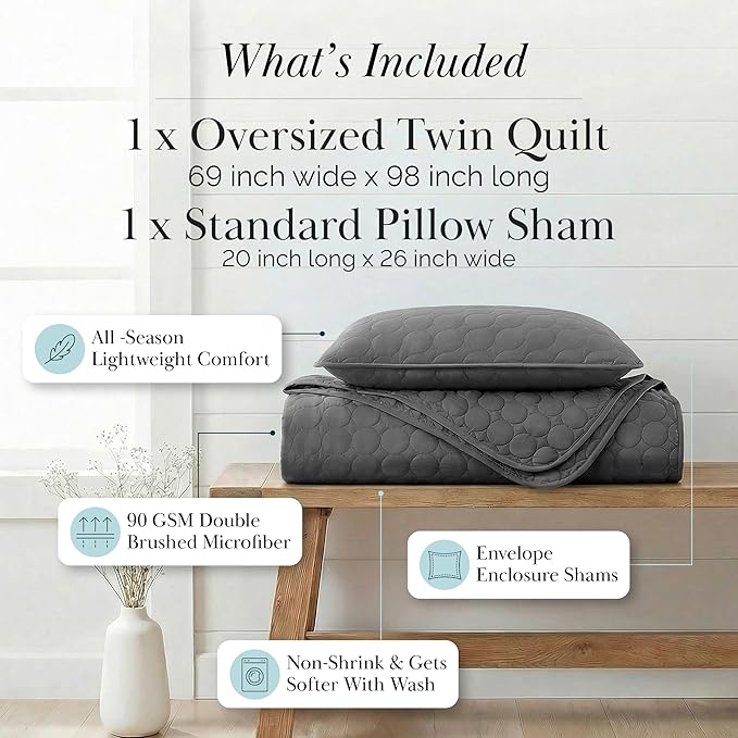 Southshore Fine Living, Inc. Oversized Bedding Quilt, Lightweight Bedding, Twin XL Bedspread, Soft Coverlet 2-Piece Set with One Matching Quilted Pillow Sham, All Season Twin/XL Quilt Set, Slate