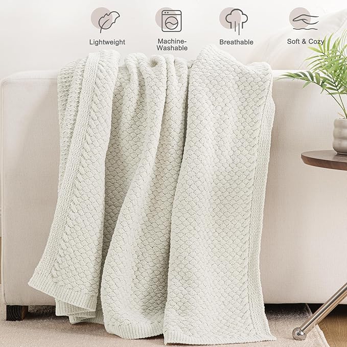 Whale Flotilla Chunky Knit Throw Blanket for Couch and Bed, Ivory Decorative Cozy Fleece Blanket, Reversible Soft Fuzzy Woven Throws, 60x80 Inch