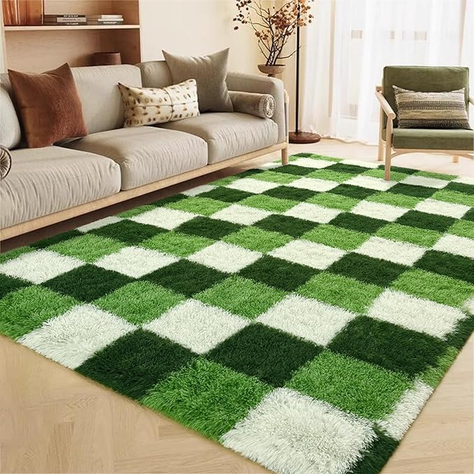 Shag Area Rug, 4x6 ft Deep Green White Fluffy Rugs for Bedroom Living Room, Soft Shaggy Modern Indoor Carpets, Cute Plush Rugs for Kids Girls Room Nursery, High Pile Throw Rug for Home Decor