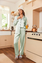 Ekouaer Women's Classic Button Down Long Satin Silk Pajama Set