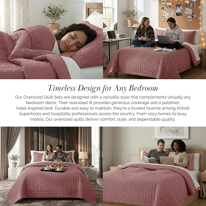 Southshore Fine Living, Inc. Oversized Full Size Quilt Bedding Set, Lightweight Bedspread, Soft Coverlet 3-Piece Set with Two Matching Quilted Pillow Shams, All Season Full/Queen Quilts, Withered Rose