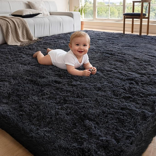 5x7 Area Rugs for Living Room Bedroom,Soft Fluffy Shaggy Bedside Rug, Indoor Floor Carpet for Kids Playroom, Dorms, Nursery Rooms, Home Decor (Black 5'x7')