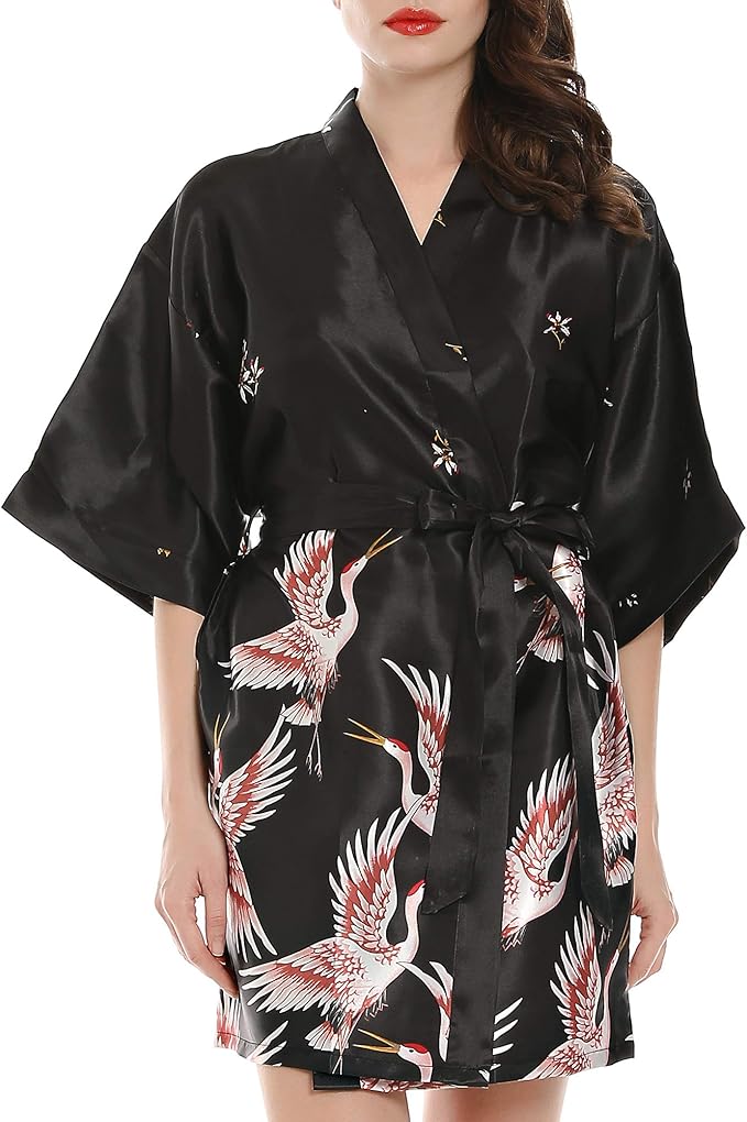 Women Kimono Robes Satin Dressing Gown Crane and Blossoms Sleep Lounge Nightwear Short Silk Bride Bridesmaid Robe