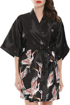 Women Kimono Robes Satin Dressing Gown Crane and Blossoms Sleep Lounge Nightwear Short Silk Bride Bridesmaid Robe