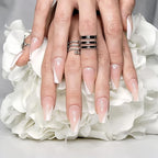 Hypnaughty 24 Pcs Paris Classy French Coffin Press On Nails with Design and Glue Medium Long Fake Nails Nude Pink and White Asymmetrical French Tip Glue On Nails Full Cover (Paris)