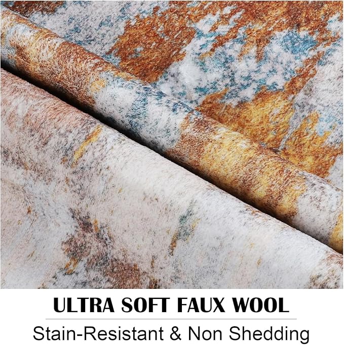 Area Rug 8x10 Washable Rugs Modern Abstract Area Rug Soft Non-Slip Non-Shedding Faux Wool Stain Resistant Floor Carpets for Living Room Bedroom Dining Room Kids Room Home Office (Blue, Grey, Gold)