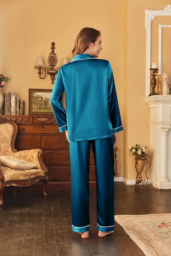 Ekouaer Women's Classic Button Down Long Satin Silk Pajama Set
