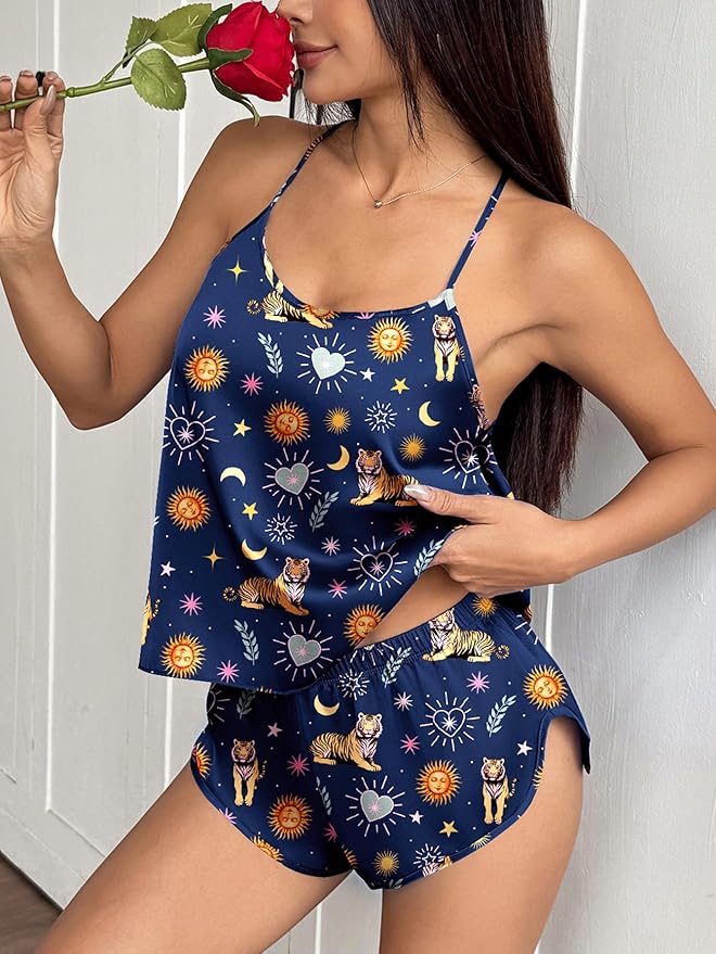 Ekouaer Silk Pajamas Set for Women Satin Backless Lingerie Pjs Cami Top and Shorts Nightwear