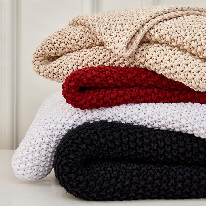 Chunky Cable Knit Throw Blanket Lightweight White 100% Organic Cotton Blanket for Sofa Couch Bed Baby Nursery, Rustic Shabby Chic Modern Farmhouse, Pure White 60” x 80” Give Laundering Bag