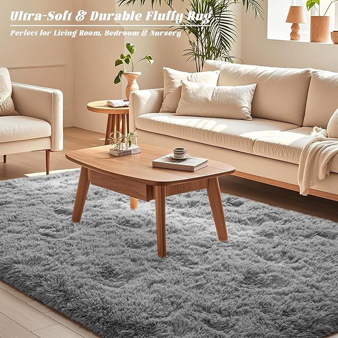 Grey Rugs for Bedroom 8x10 Feet Large - Ultra Soft Faux Fur Area Rug - Plush Non-Slip Shaggy Carpet for Living Room, Cozy Fluffy Rug for Kids Boys Girls Dorm Nursery Room, High Pile Floor Carpet