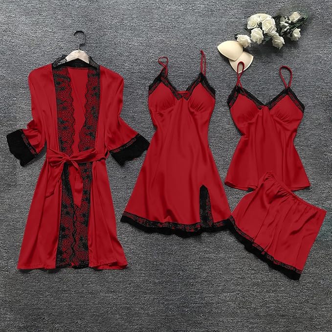 Women's 4pcs Silk Satin Pajamas Set Floral Lace Trim Dress with Robe Lounge Sleepwear Nightdress Novelty Loungewear