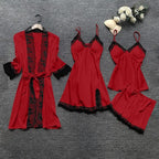 Women's 4pcs Silk Satin Pajamas Set Floral Lace Trim Dress with Robe Lounge Sleepwear Nightdress Novelty Loungewear