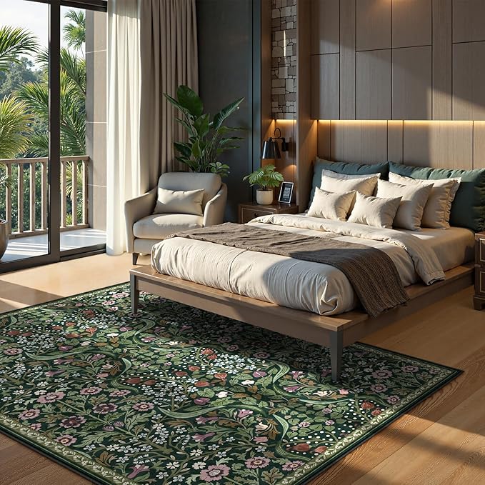 Lahome Claude Floral Living Room Rug, 6x9 Soft Washable Rugs for Bedroom, Thin Green Area Rug for Dining Room, Non Shedding Print Carpet for Guestroom