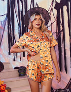 Ekouaer Womens Silk Satin Pajama Set Print Short Sleeve Sleepwear Button Down Pjs Shorts Set Loungewear