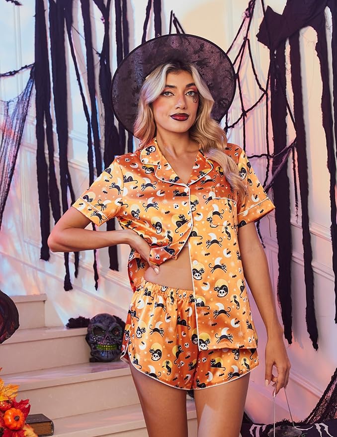 Ekouaer Womens Silk Satin Pajama Set Print Short Sleeve Sleepwear Button Down Pjs Shorts Set Loungewear