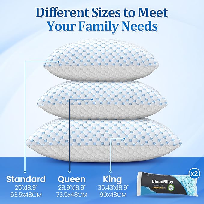 CloudBliss Cooling Bed Set of 2 Pillows for Sleeping, Shredded Memory Foam Pillows with Washable & Breathable Pillowcase, Adjustable Height Pillow for Side, Back and Stomach Sleepers, Queen Size