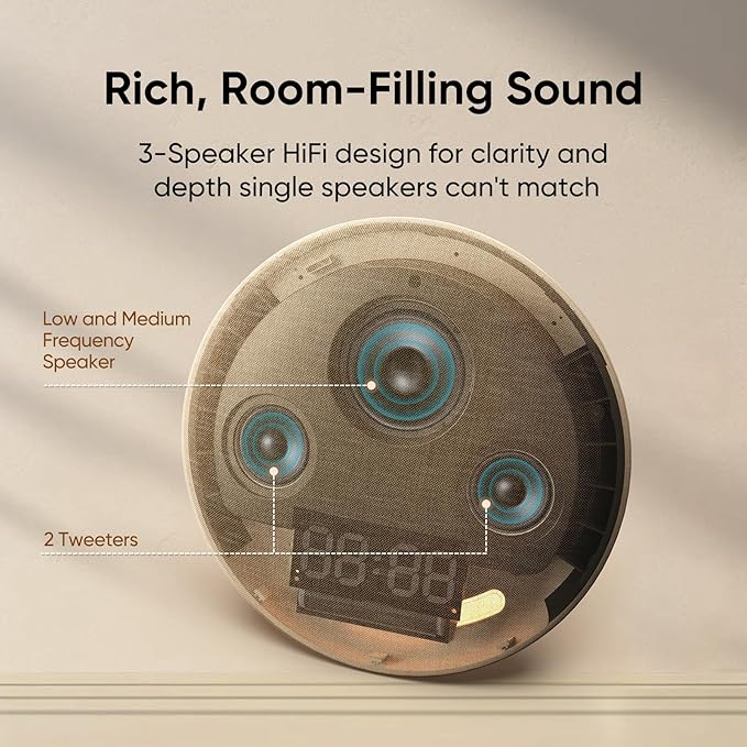 HOUSBAY Alarm Clock Sound Machine with Bluetooth Speaker - Room-Filling Sound, White Noise for Sleeping & Adult, Gentle Wake up Alarm, Cord-Free Use for Bedroom & Office, Oat Beige