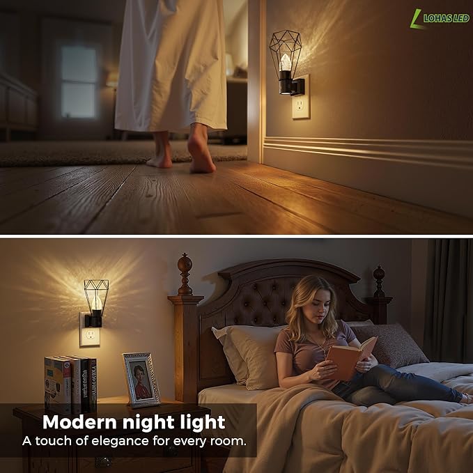 L LOHAS LED Night Light, 2 Pack Night Lights Plug into Wall, 3000K Warm White, Farmhouse Plug in Light with Dusk to Dawn Sensor, for Bedroom, Bathroom, Kitchen, Hallway