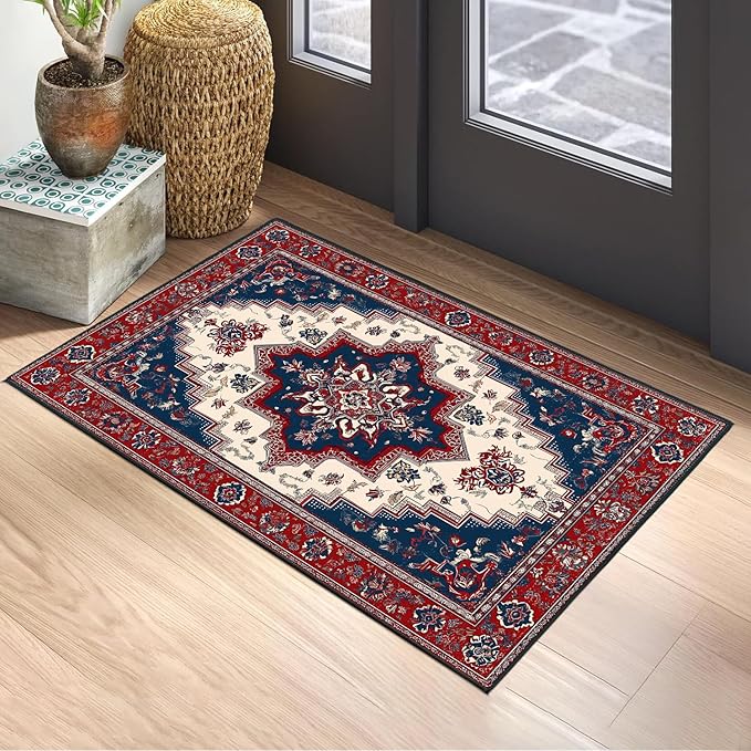 Area Rug 2x3 ft Entry Rug Washable Boho Rugs Non Slip Rubber Backing Low Pile Floral Door Mat Small Carpet for Bedroom, Bedside, Kids Room