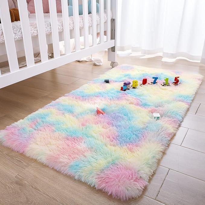 Noahas Fluffy Pink Rainbow Rugs for Bedroom Girls,Kids Rug for Room,Soft Small Carpet,Playroom Shag Nursery Dorm Rugs Living Room Decor, 2 x 3 Feet