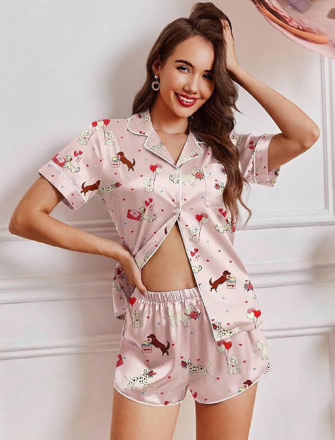 Ekouaer Womens Silk Satin Pajamas Short Sleeve PJS Shorts Set Soft Button Down Sleepwear 2 Piece Loungewear S-5XL