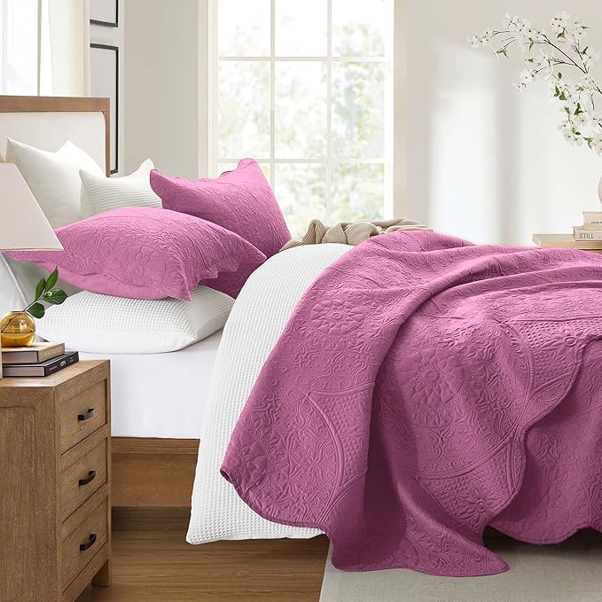 IR Imperial Rooms 8 Pack Quilt King Size Bedding (106" x 96") - Bulk Wholesale for Hotels, Guest Bedroom & Airbnbs - Lightweight Microfiber Reversible Floral Embossed Quilts Bedspreads (Purple)