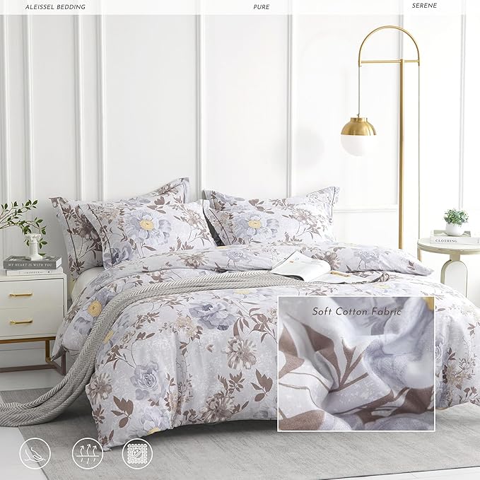 ALEISSEL Luxurious Cotton 3pcs Floral Comforter Sets King Size - Light Gray Comfoter with Bluish Gray & Taupe Floral and Botanical Prints, Vintage Lightweight Bedding Sets(King 104"×90")