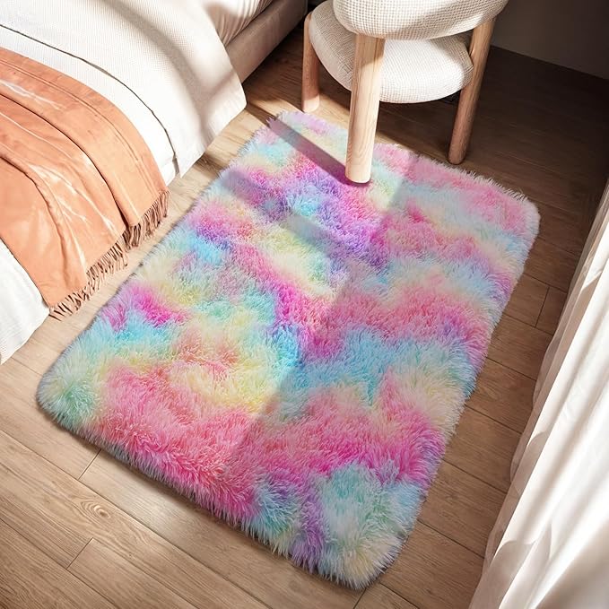 Blivonta Rainbow Rug for Girls Bedroom, 2x3 Fluffy Area for Kids Playroom, Furry Carpet for Nursery, Shaggy for Teen Living Room, Thick Fuzzy Plush for Dorm, Cute Room Decor for Baby