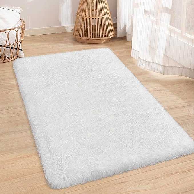 White Fluffy Rugs for Bedroom Living Room 3x5 Plush Shaggy Area Rug Soft Fuzzy Fur Throw Carpets Kids Rug for Nursery Boys Girls Baby Dorm Room Home Decor Aesthetic