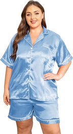 Vozanet Women's Short Sleeve Satin Pajama Sets Silky Ladies Button Down Loungewear Plus Size Nighty Shorts Sets XL to 5XL