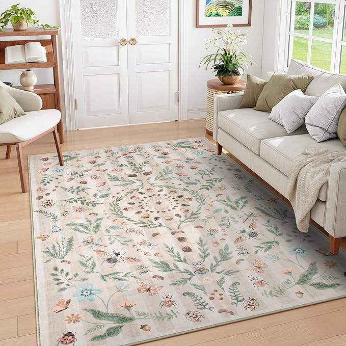 Lahome Chloe Insect Botanical Washable Beige 6x9 Area Rugs for Living Room, Non Slip Rugs for Bedroom, Boho Indoor Throw Dining Room Rugs for Under Table Carpet for Home Office Playroom(Beige,6x9)