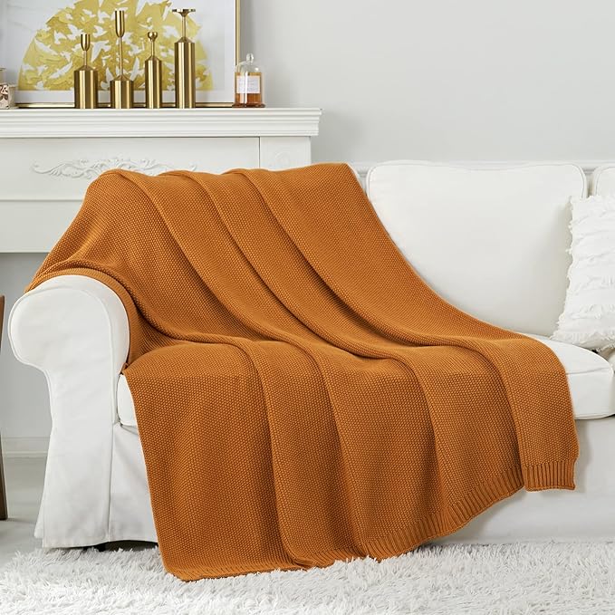 Longhui bedding Burnt Orange Cotton Cable Knit Throw Blanket for Couch Sofa Chair Bed Home Decorative, 3.4 Pounds 60 x 80 Inch Woven Throw Blankets with Bonus Laundering Bag