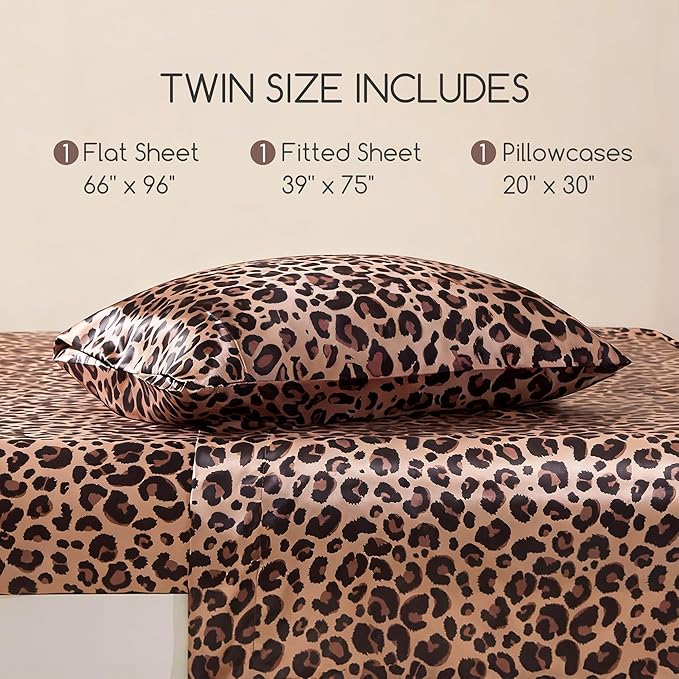 MR&HM Satin Bed Sheets, Twin Size Sheets Set, 3 Pcs Silky Bedding Set with 15 Inches Deep Pocket for Mattress (Twin, Brown Leopard)